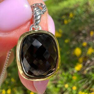 David Yurman Sterling Silver Pendant Necklace Smoky Topaz with 925/18k Bezel